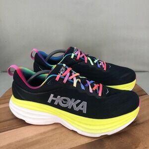 Hoka One One Bondi 8 Mens 12D Black Yellow Rainbow Pride Running Shoes Cushioned